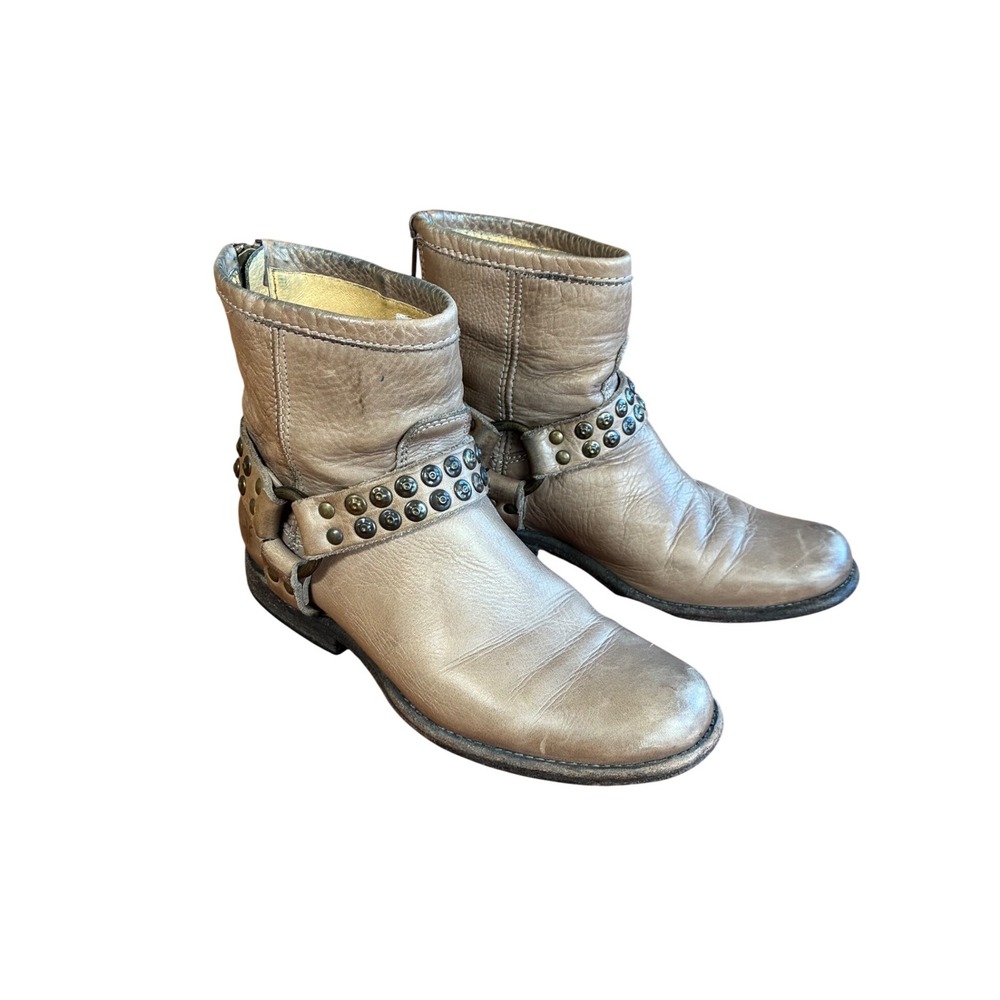Frye Phillip Studded Harness Ankle Boots Taupe Leather Back Zip Womens 7 B 76491